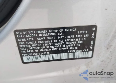 2015 Volkswagen Passat 2.0L Tdi Sel Premium from USA, damaged, VIN 1VWCV7A3XFC046262